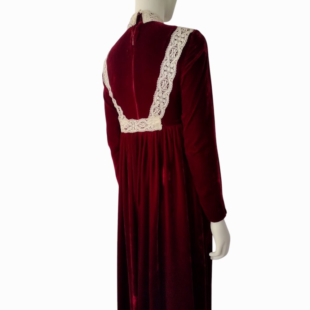 Vintage 1970s Red Velvet Empire Waist Long Sleeved Mock Neck Maxi Dress - Picture 10 of 13